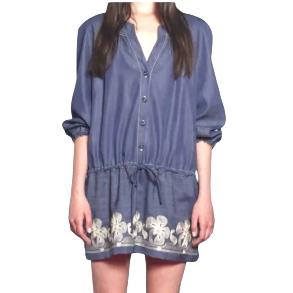 Anna Sui Blue Floral Embroidered Drop Waist Tunic Mini Dress 2012 Resort Coll. S